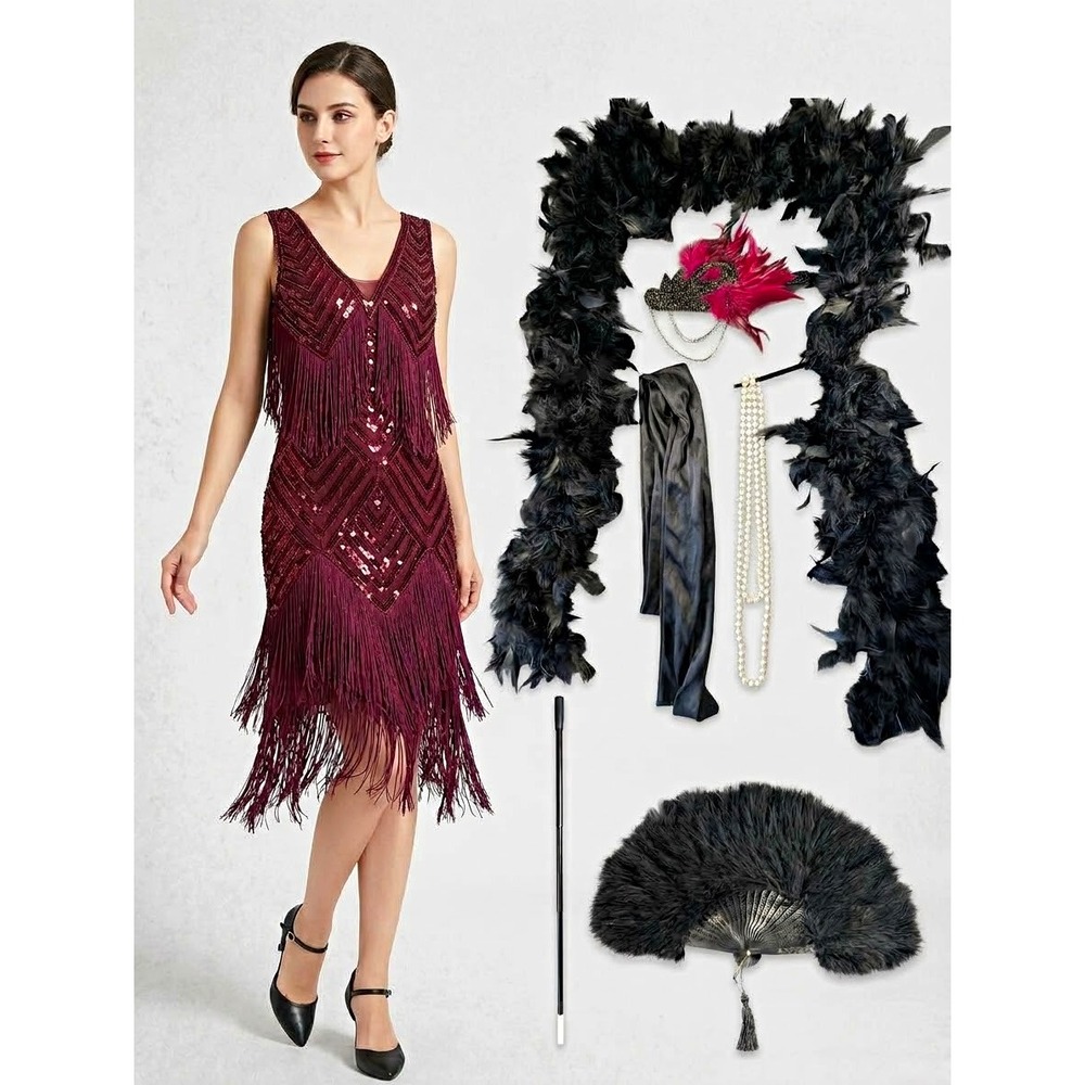 BABEYOND 1920s Flapper Sequin Fringe Dress Burgundy Size L Gatsby Accessories